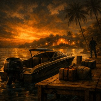 A Speedboat on a pier in the style of Acapulco Gold